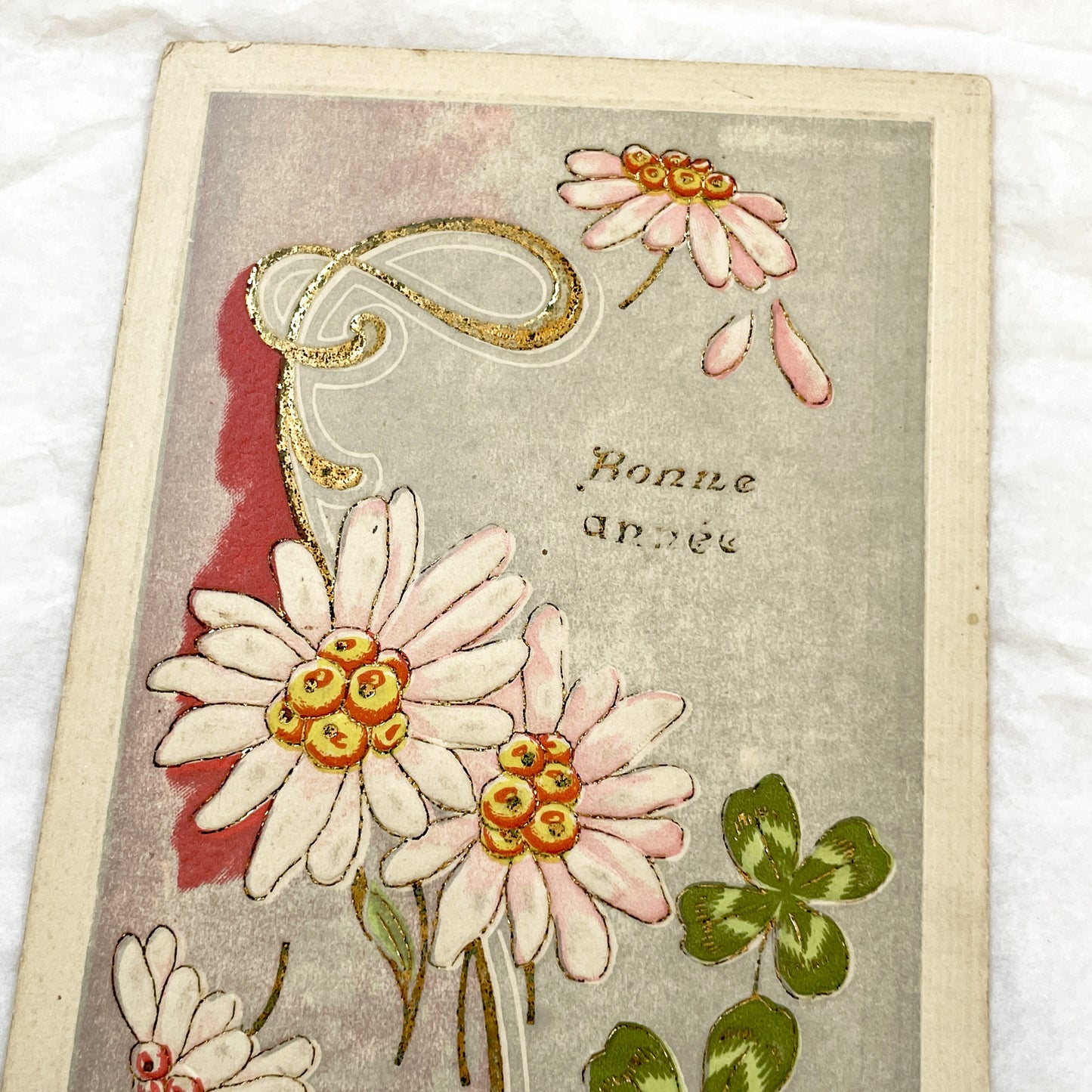 1900s - Antique French New Year Postcard - Gilded Art Nouveau Floral Design - Vintage 'Bonne Année' Happy New Year Card