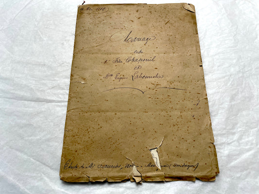 Late 19th Century French notarial marriage contract document from 1882, featuring ornate handwritten script and an official s