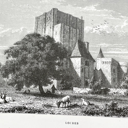 Late 19th - Historic Engraving of Loches Castle with Pastoral Scene - French Loire Valley Château Art - K. Girardet