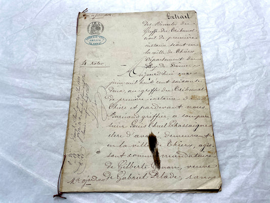 Mid 19th Century French Notarial Act from 1862, featuring handwritten script, official court seals, and red string binding.