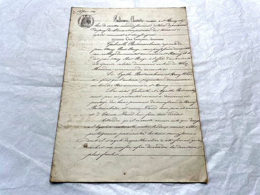 Mid 19th Century French Notarial Act from 1856 with elegant handwritten text and clear imperial stamp.