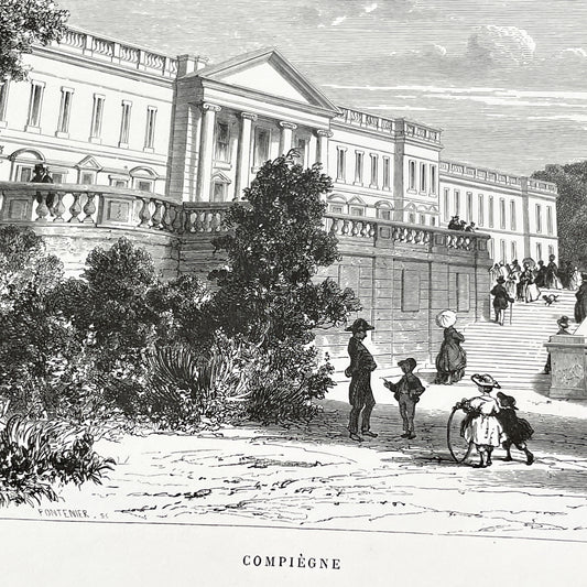 Late 19th - Compiègne Château Engraving - French Palace Grand Staircase - Park Life - Historic Architectural Print - Art by Girardet
