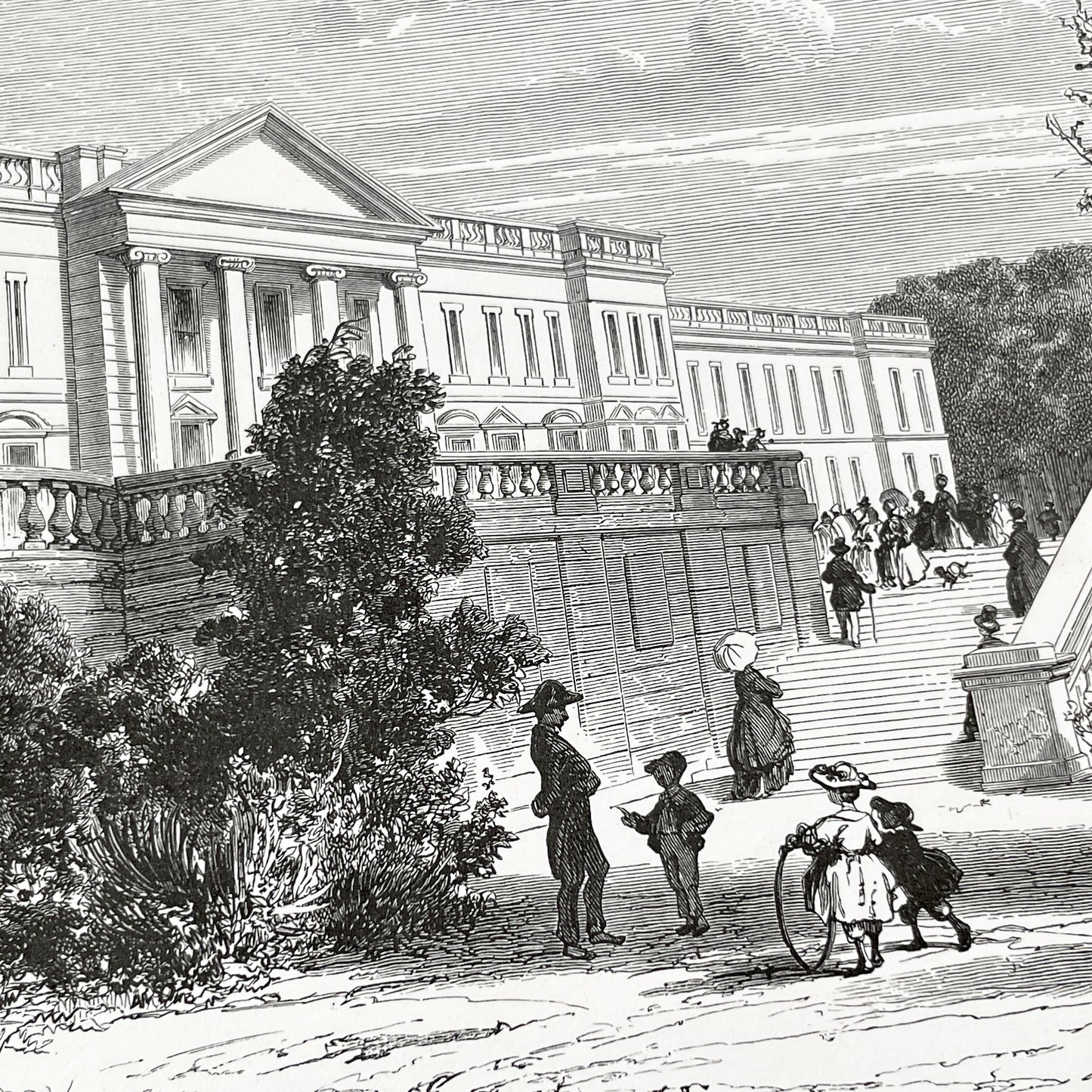 Late 19th - Compiègne Château Engraving - French Palace Grand Staircase - Park Life - Historic Architectural Print - Art by Girardet