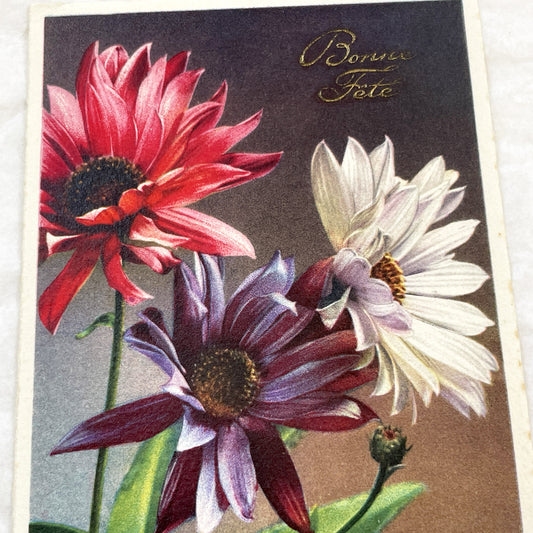 1930s - Antique French Bonne Fête Postcard - Vibrant Floral Celebration Greeting Card - Collectible Vintage Flower Art Nouveau Era