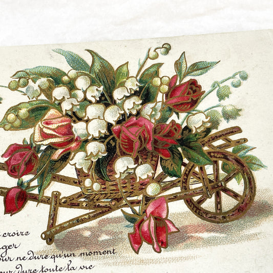 1900s - Antique Postcard - Sentimental Floral Illustration - Lily Of The Valley - Red Roses - Plaisir D'amour Verse - Belle Epoque Charm