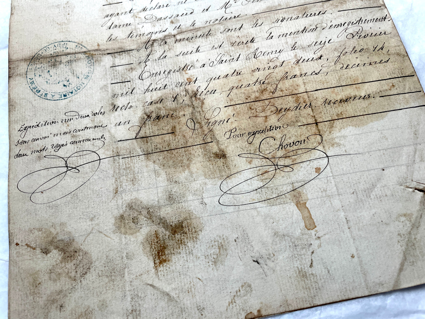 Late 19th Century French Notarial Act. Handwritten legal document from 1882 with official stamps, related to a marriage contr