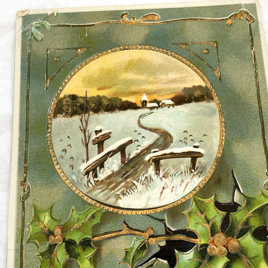 1900s - Antique French New Year Postcard - Embossed Winter Landscape - Gilded Holly Design - Vintage Holiday Collectible Art