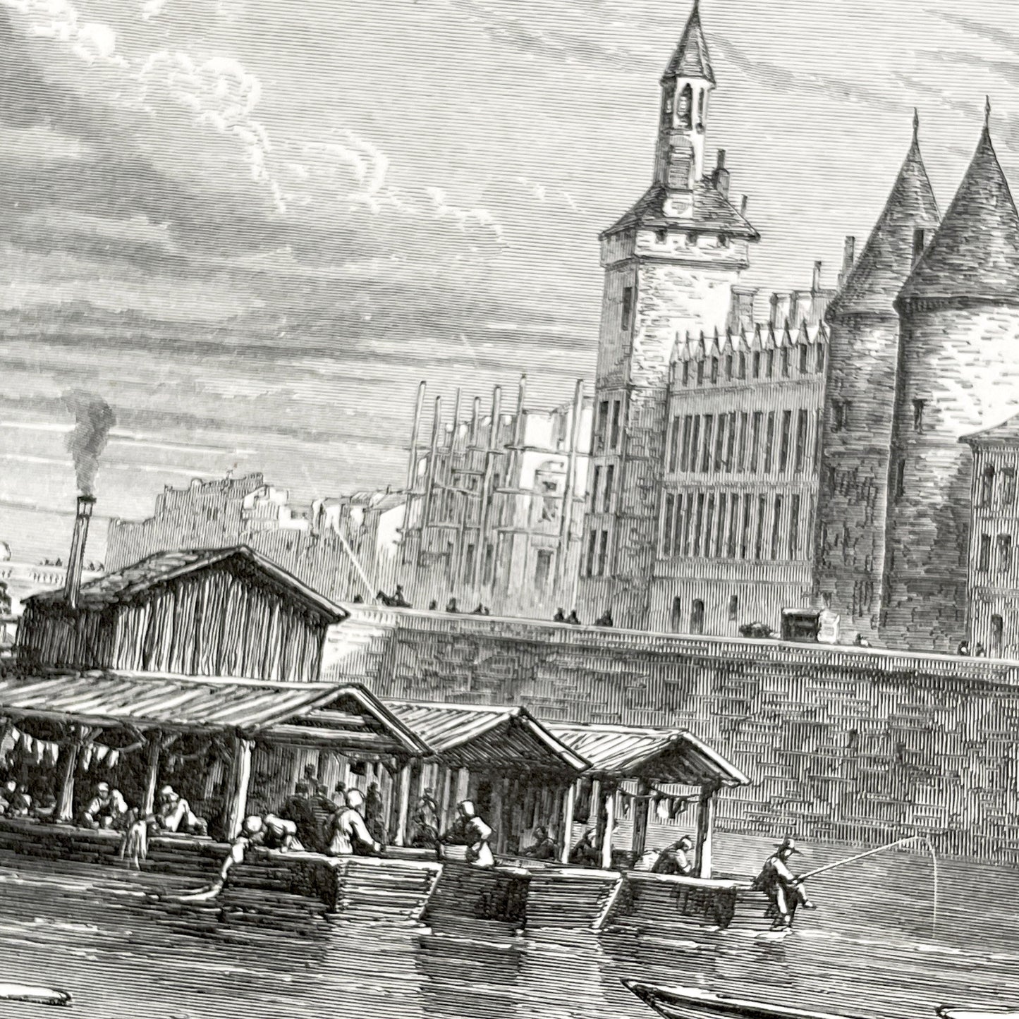 Late 19th - Palais De La Cité Paris Engraving - Vintage French Historical Art Print - River Seine Life - Parisian Architecture View