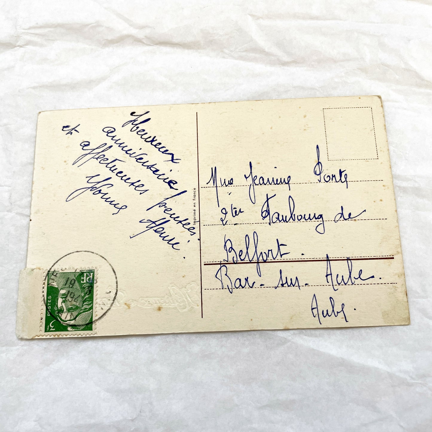 1900s - Vintage French Floral Postcard - Heureux Anniversaire - Glitter Daisy Forget-Me-Not Bouquet - Antique Greeting Card Collectible