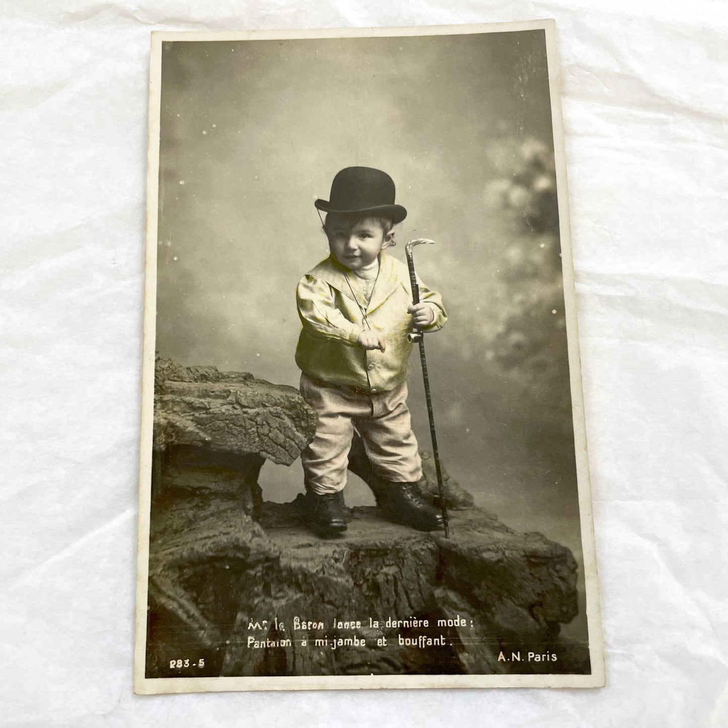 1900s - Antique French Postcard - Humorous Dressed Baby Baron Portrait - Bowler Hat - Cane - Whimsical Fashion Satire - Paris