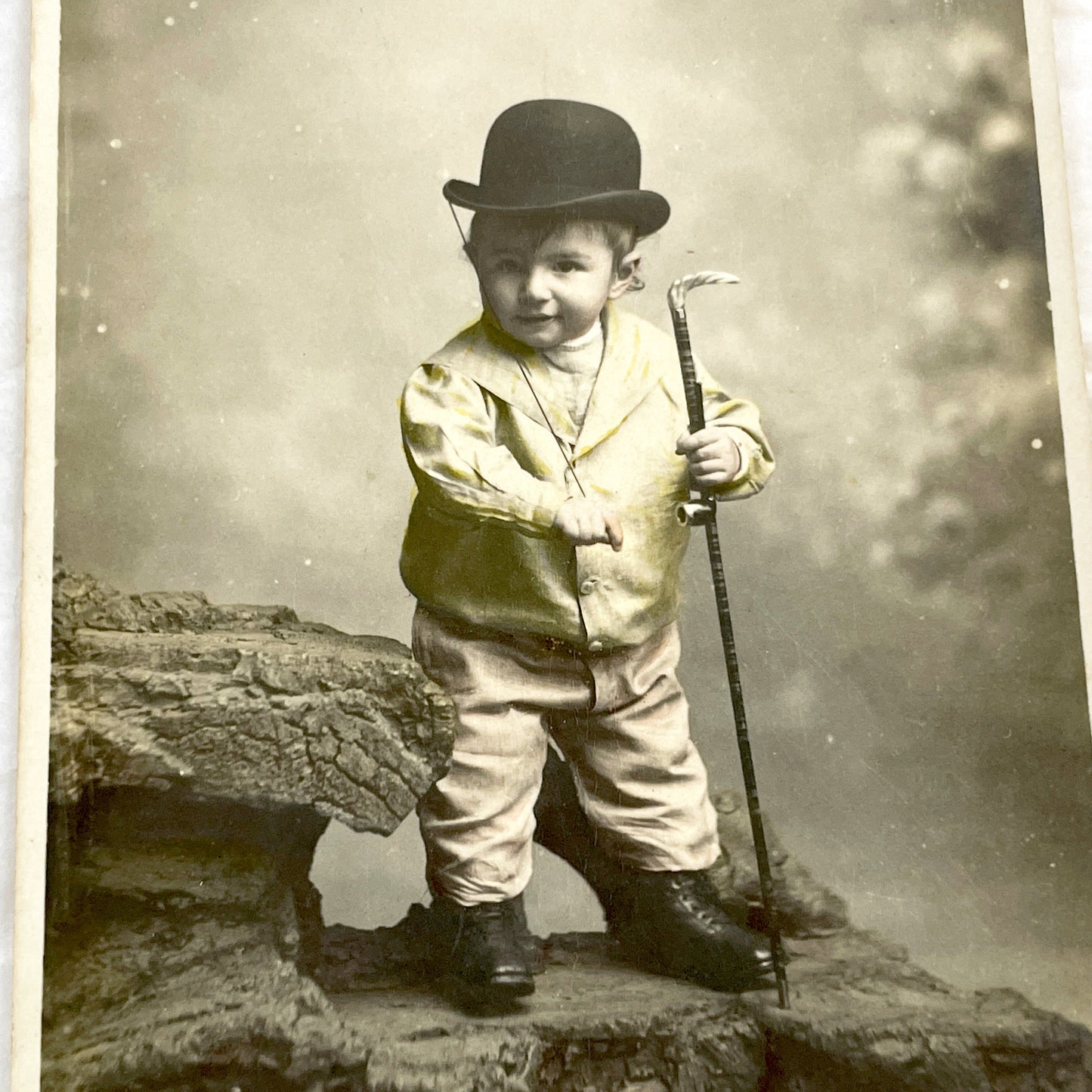 1900s - Antique French Postcard - Humorous Dressed Baby Baron Portrait - Bowler Hat - Cane - Whimsical Fashion Satire - Paris