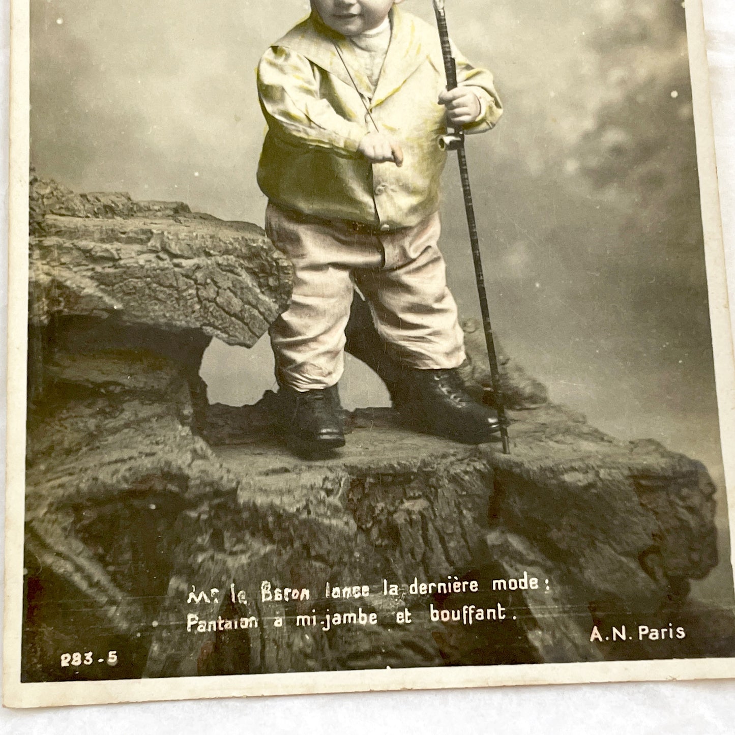 1900s - Antique French Postcard - Humorous Dressed Baby Baron Portrait - Bowler Hat - Cane - Whimsical Fashion Satire - Paris