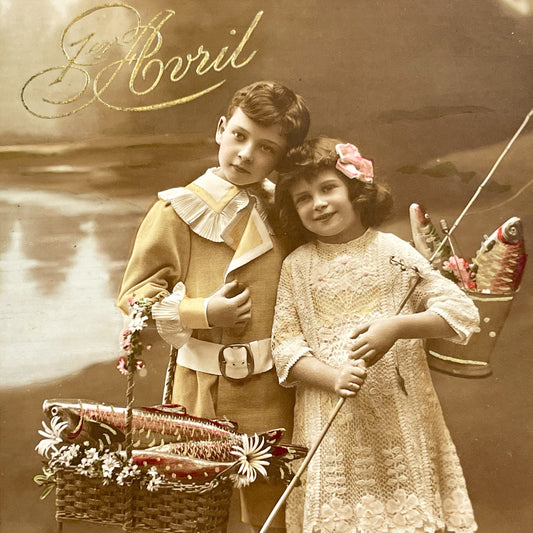1900s - Antique French Postcard - Poisson D'Avril Children - Charming Fisher Boy Girl - Hand Colored Sepia Ephemera - Vintage Art -