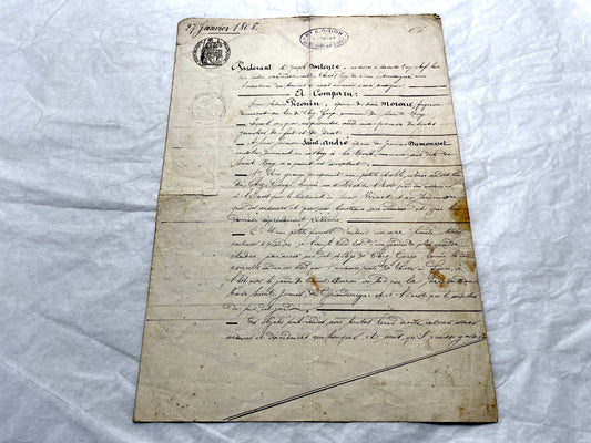 Mid 19th century French Notarial Act, dated 1868, featuring handwritten script and official stamps.