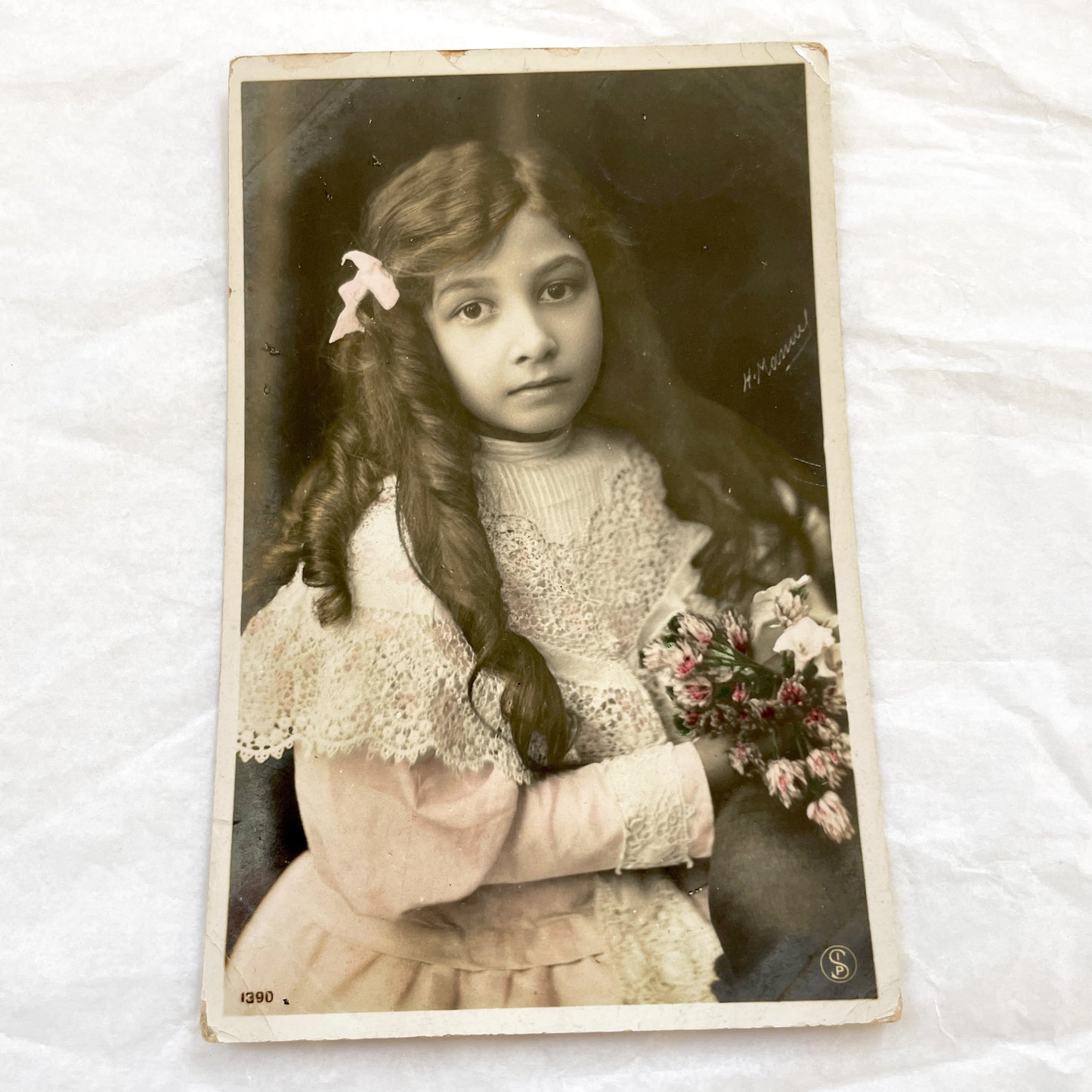 1900s - Vintage Photograph Portrait - Young Girl Pink Ribbon Flowers - Antique Child Photo - Edwardian Era Sepia Art Collectible