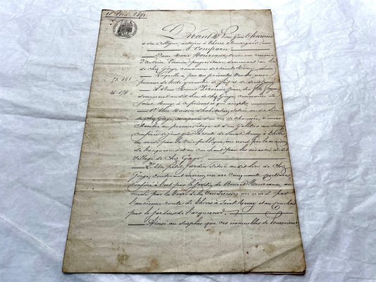 Mid 19th Century French Notarial Act from 1841 with ornate script and an Imperial stamp, a vintage legal document.
