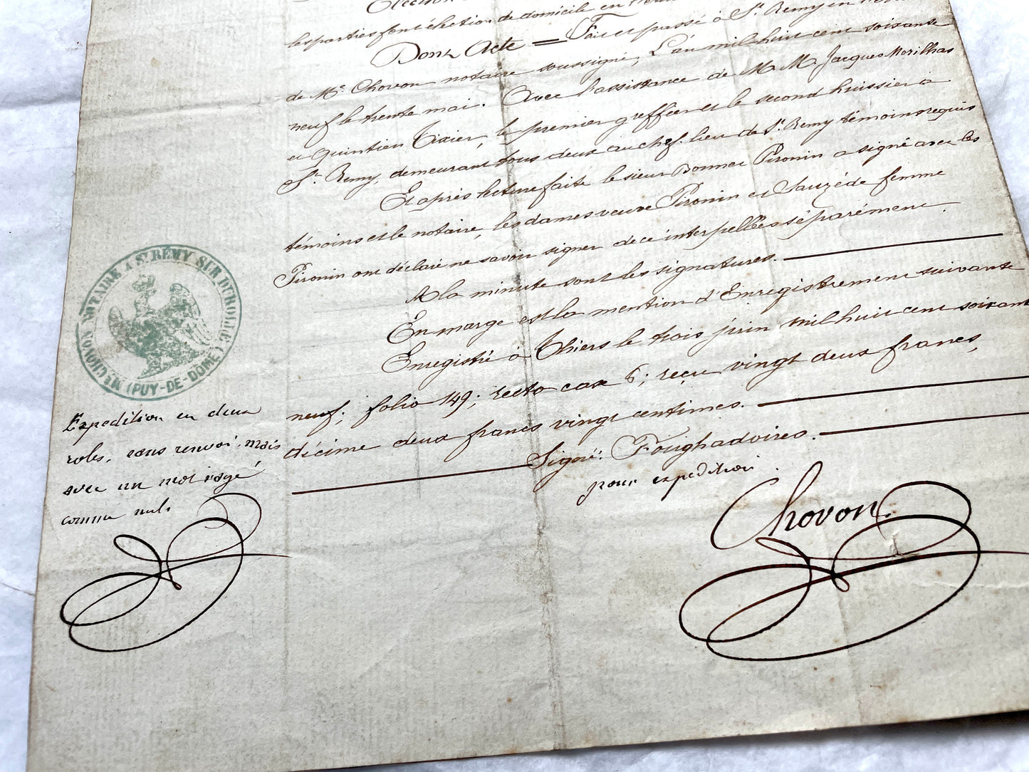 Late 19th Century French Notarial Act document with elegant calligraphy and an official Timbre ImpƩrial stamp.