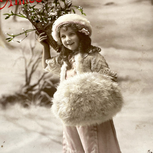 1900s - Antique French New Year Postcard - Young Girl in Fur - Hand-Tinted - Vintage Child Portrait - Winter Scene - Holiday Greeting Card
