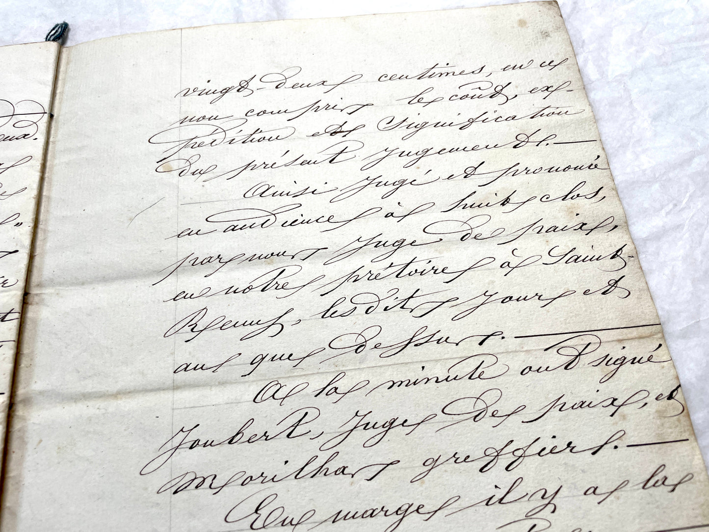 Mid 19th Century French notarial act, 1858, with elegant script and Imperial stamp featuring Justice figure.