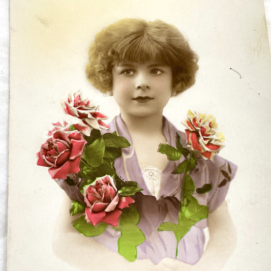 1920s - Vintage French Postcard - Young Woman with Roses - Bonne Année Greeting Card - Hand-Colored Antique Ephemera Collectible