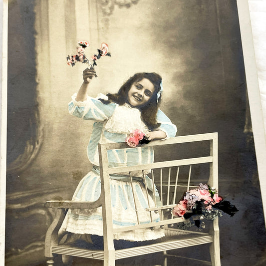 1910s - Vintage Photo Postcard - Young Girl With Flowers - Hand Colored Sepia Studio Portrait - Antique Child Edwardian Era Ephemera