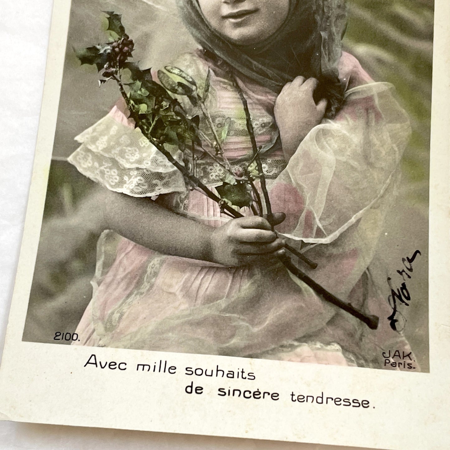 1910s - Vintage French Postcard - Sweet Child Portrait with Holly - Sentimental Antique Ephemera - Historical Collectible Card Art
