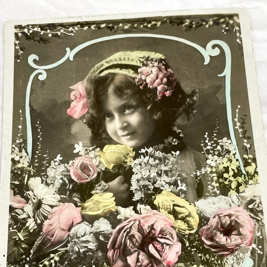 1910s - Vintage French Postcard - Little Girl With Flowers - Bonne Fete Greeting Card - Hand Tinted Sepia Photo Ephemera Collectible