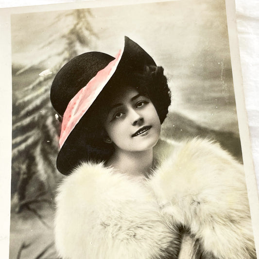 1910s - Elegant Edwardian Lady Postcard - Hand Colored Fashion Portrait - Vintage New Year Greeting Card Ephemera Collectible