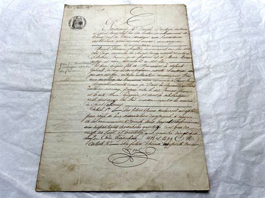 Mid 19th Century French Notarial Act - Handwritten legal document with an Imperial stamp, likely a marriage contract.