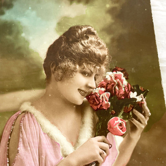 1910s - Vintage Postcard - Hand-Tinted Portrait - Elegant Woman Pink Dress - Flowers Bouquet - Sentimental Art Print - Suzy Series 392