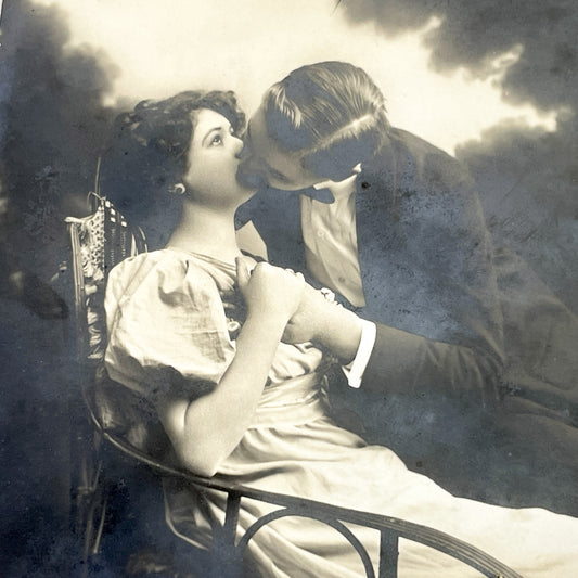 1910s - Vintage French Postcard - Romantic Kiss Scene - Sepia Tone Photograph - Antique Edwardian Era Love Embrace Couple - Collectible Art