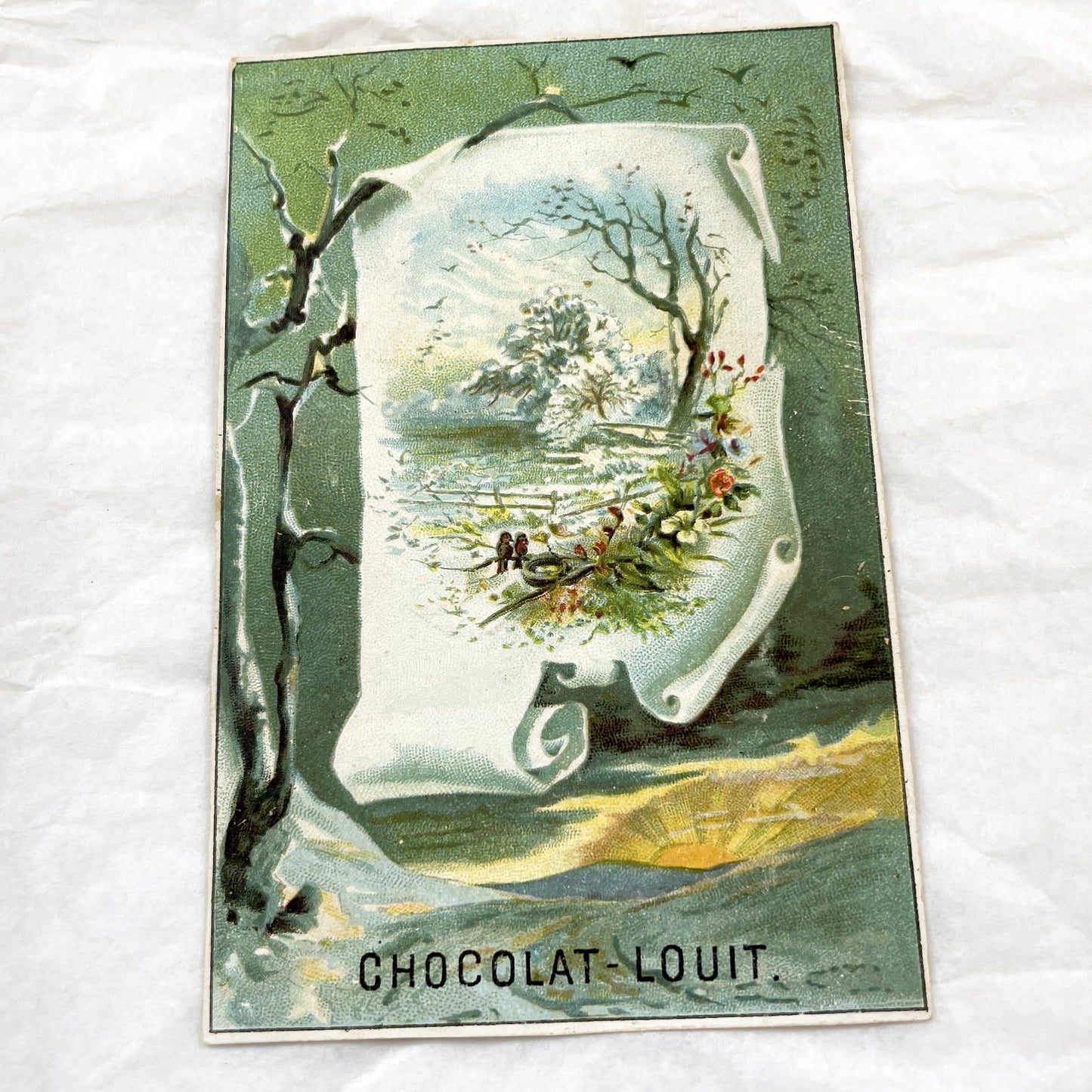 Late 19th Century - Two French Chocolat-Louit Advertising Cards - Winter Scenes Collectible Chromos - Vintage Confectionery Ephemera
