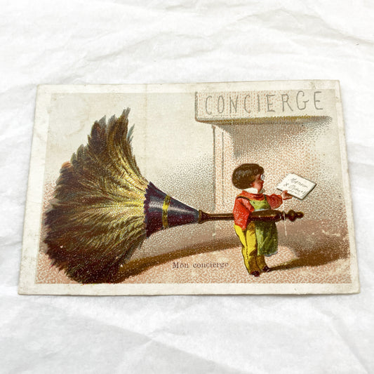 Late 19th - Two Humorous Vintage French Chromos - Child Concierge on Feather Duster - Boy with Candle Snuffer Ladder - Ephemera Artwork
