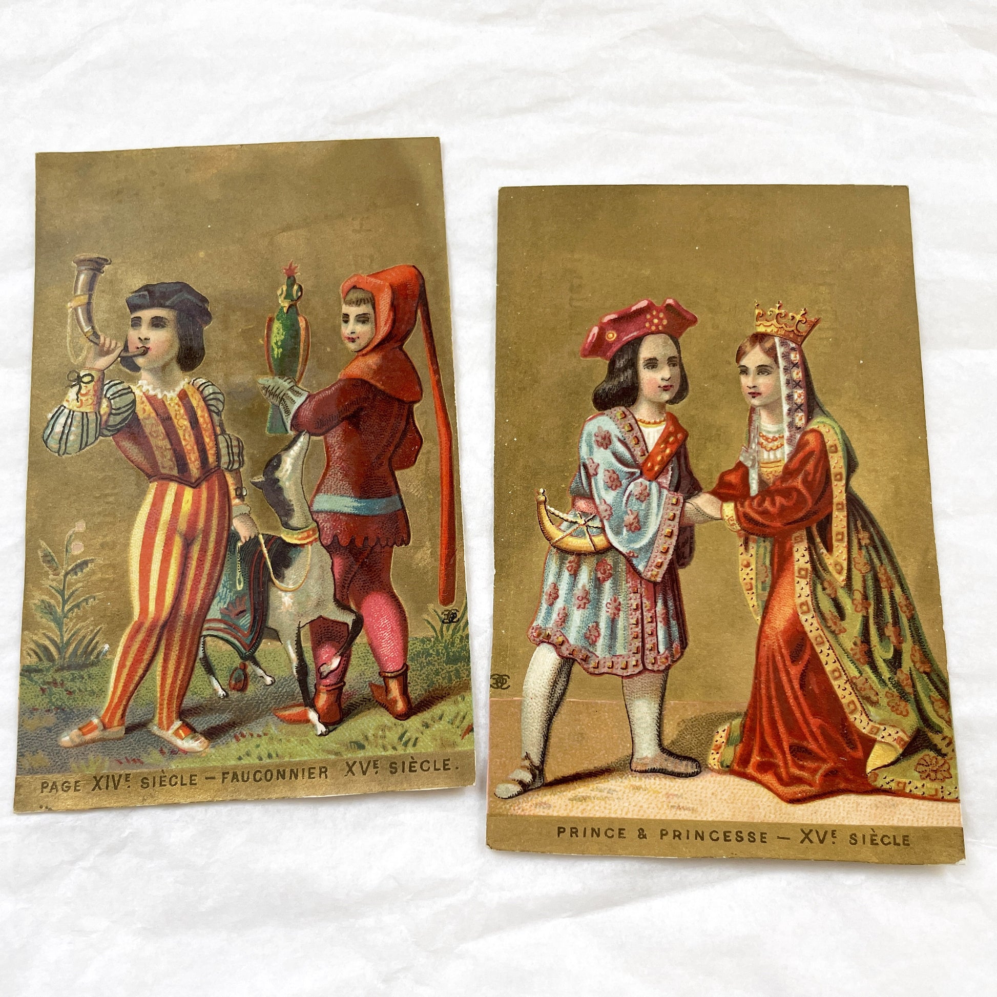Late 19th - Antique Chromo Card Set - Medieval Prince Princess - Historical Falconer Costume Illustration - Victorian Ephemera Decor