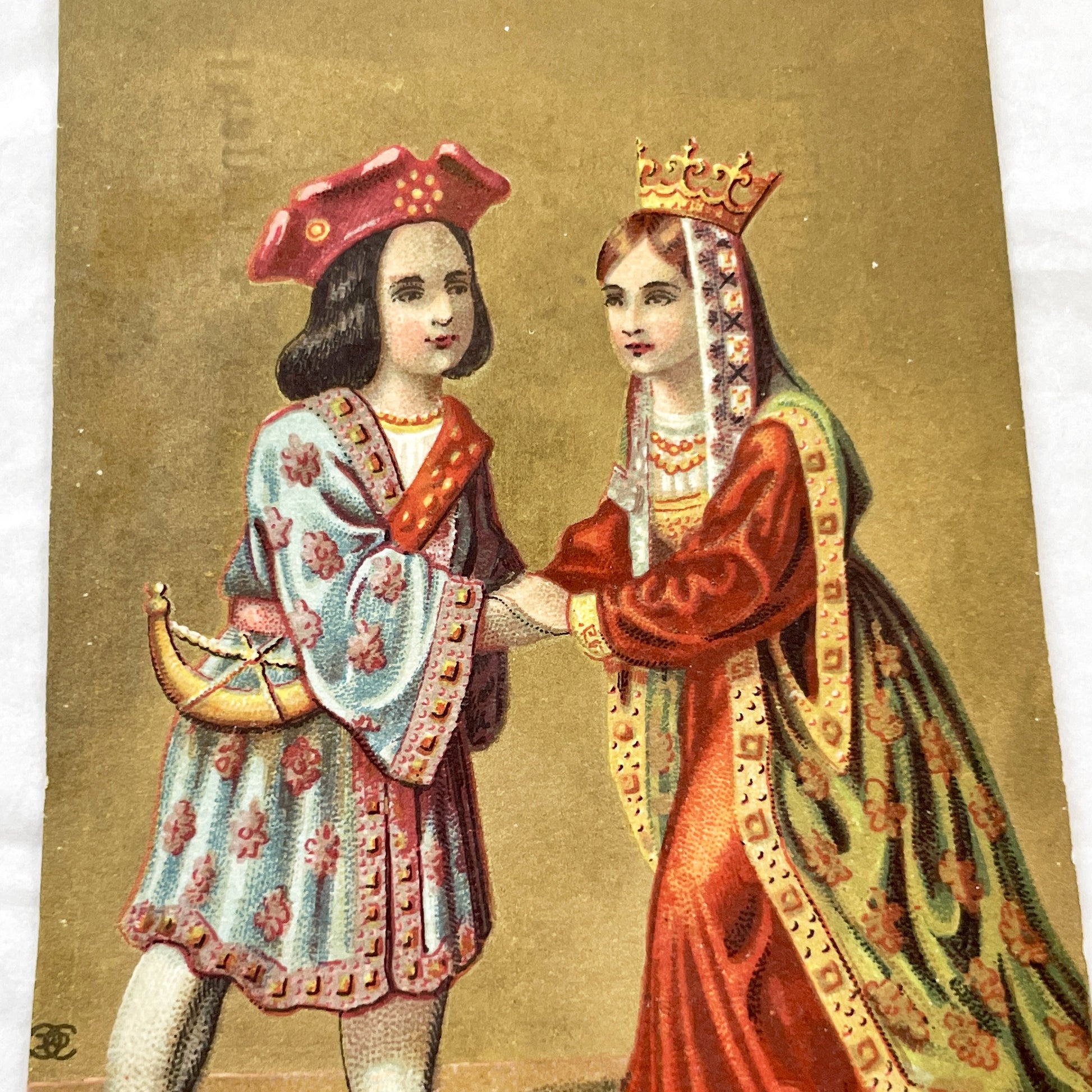 Late 19th - Antique Chromo Card Set - Medieval Prince Princess - Historical Falconer Costume Illustration - Victorian Ephemera Decor
