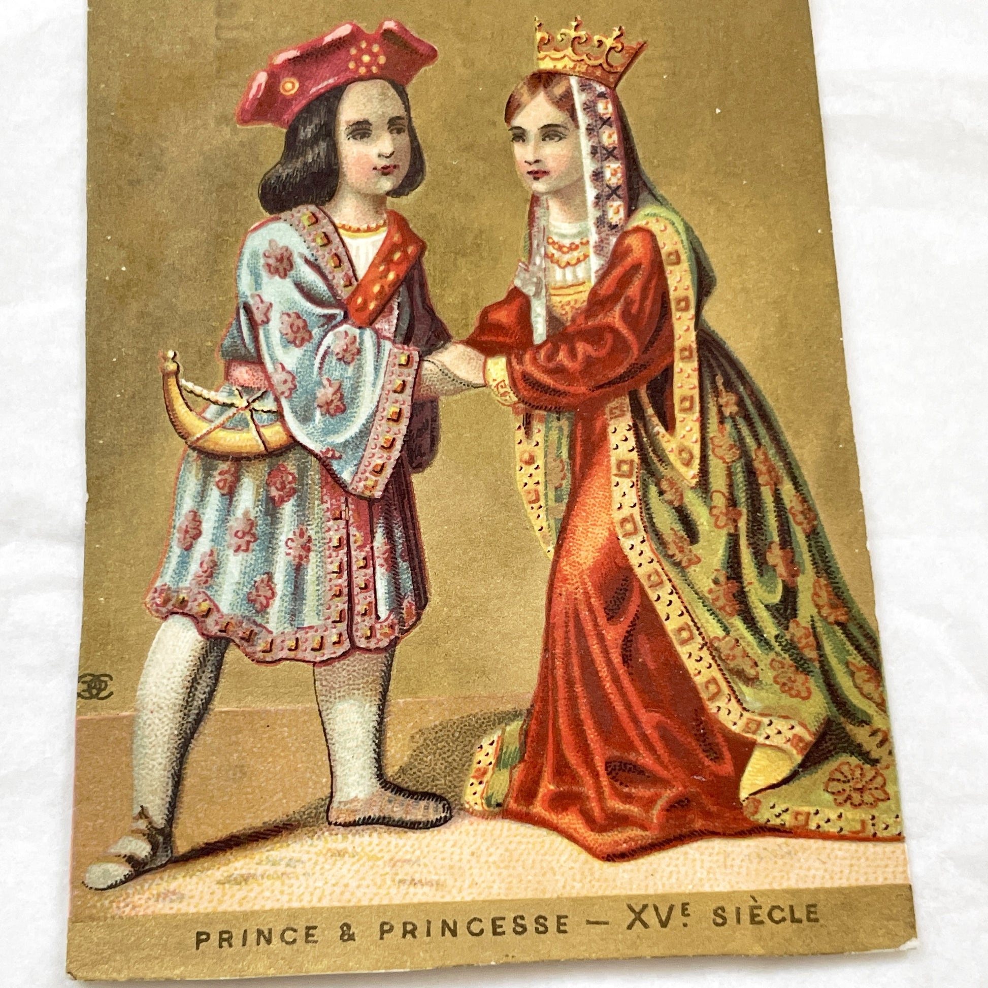 Late 19th - Antique Chromo Card Set - Medieval Prince Princess - Historical Falconer Costume Illustration - Victorian Ephemera Decor