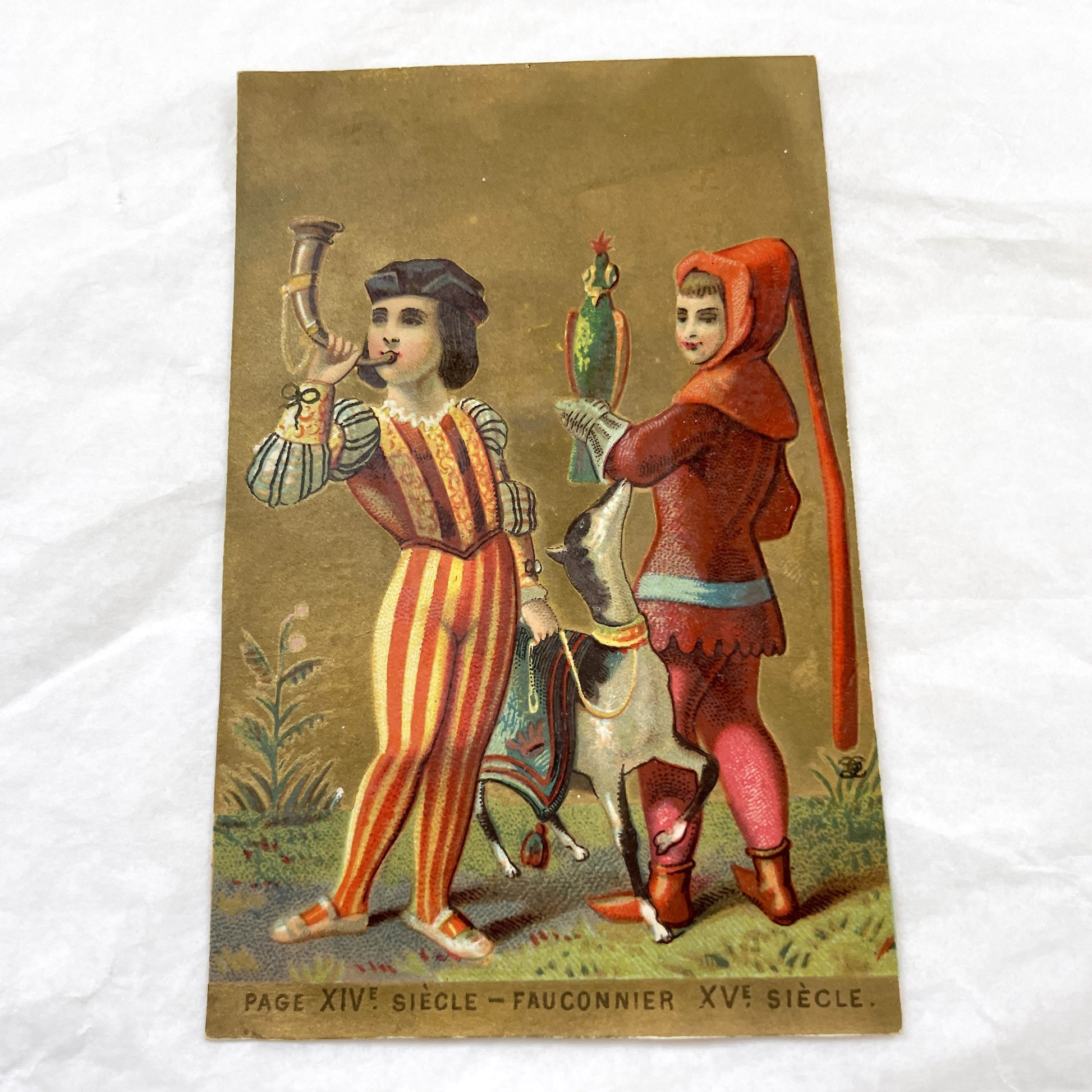 Late 19th - Antique Chromo Card Set - Medieval Prince Princess - Historical Falconer Costume Illustration - Victorian Ephemera Decor