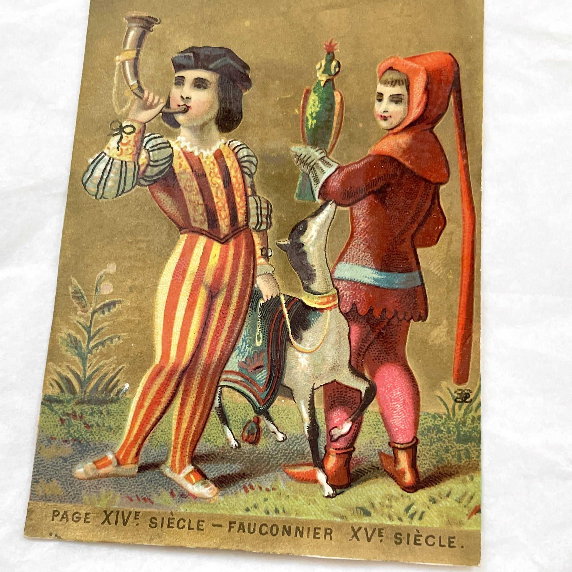 Late 19th - Antique Chromo Card Set - Medieval Prince Princess - Historical Falconer Costume Illustration - Victorian Ephemera Decor