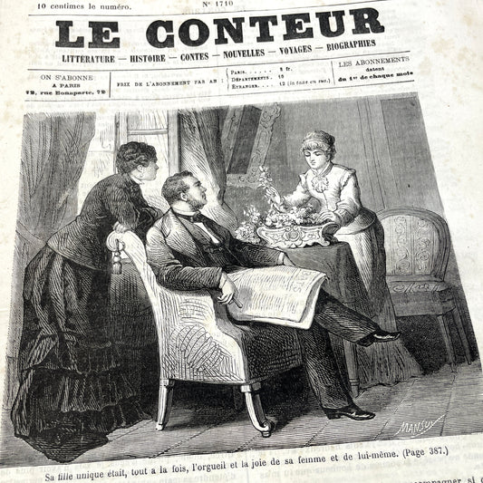 Late 19th Century French periodical, 'Le Conteur' from 1881, with an illustration of a domestic scene.