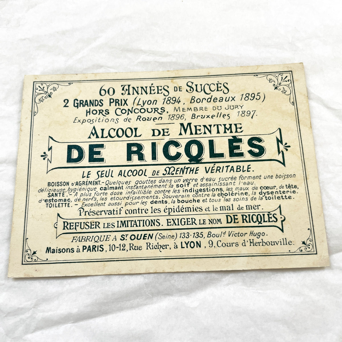 Late 19th - Antique Ricqlès Advertising Card - French Belle Époque Chromolithograph - Medicinal Alcohol Advertisement - Collectible Art
