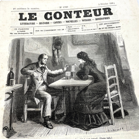 1880s French Le Conteur newspaper issue featuring a detailed illustration of a man and woman at a table.