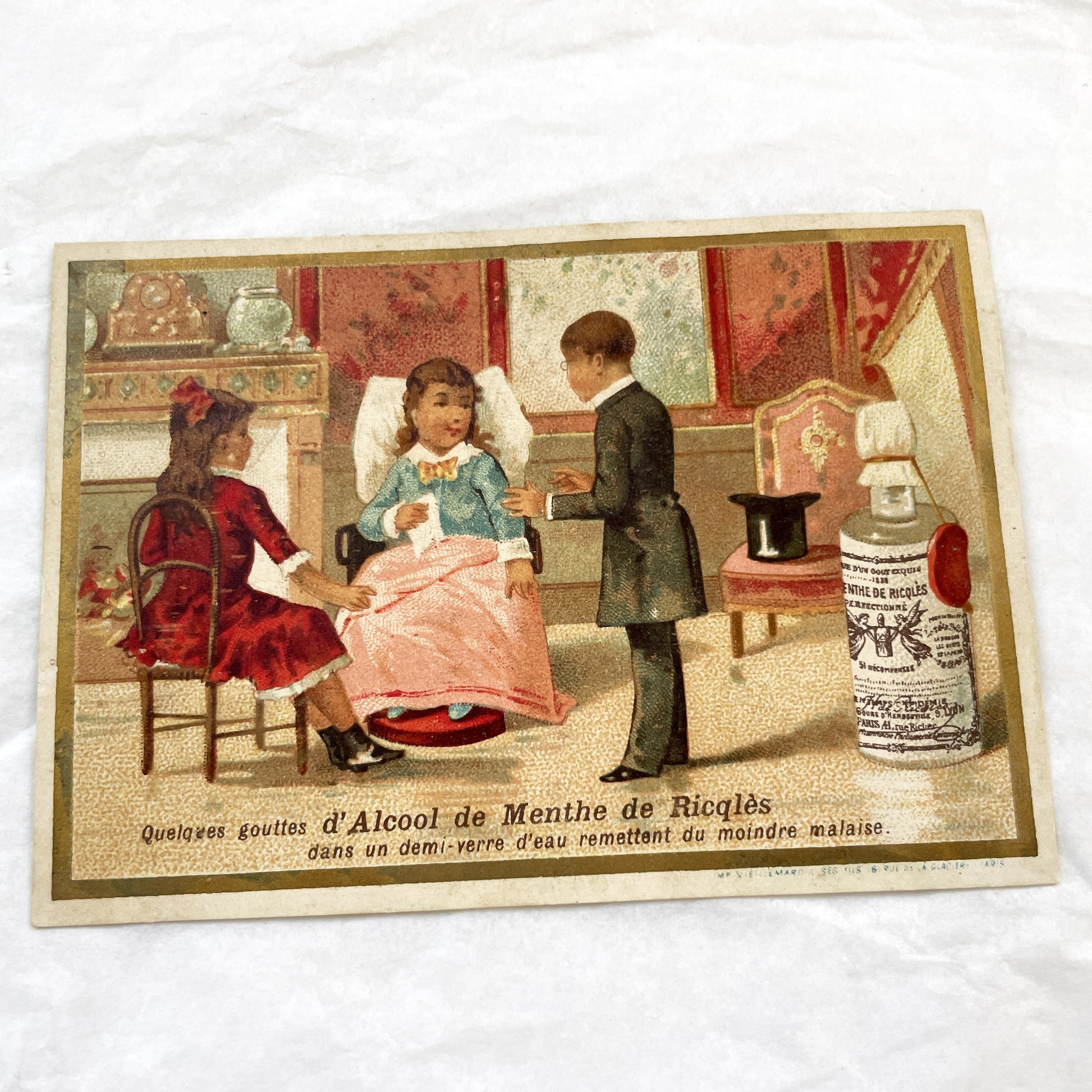 Late 19th - Vintage French Advertising Chromo Card - Ricqlès Peppermint Alcohol - Children Illness Relief - Antique Medical Remedy Ephemera