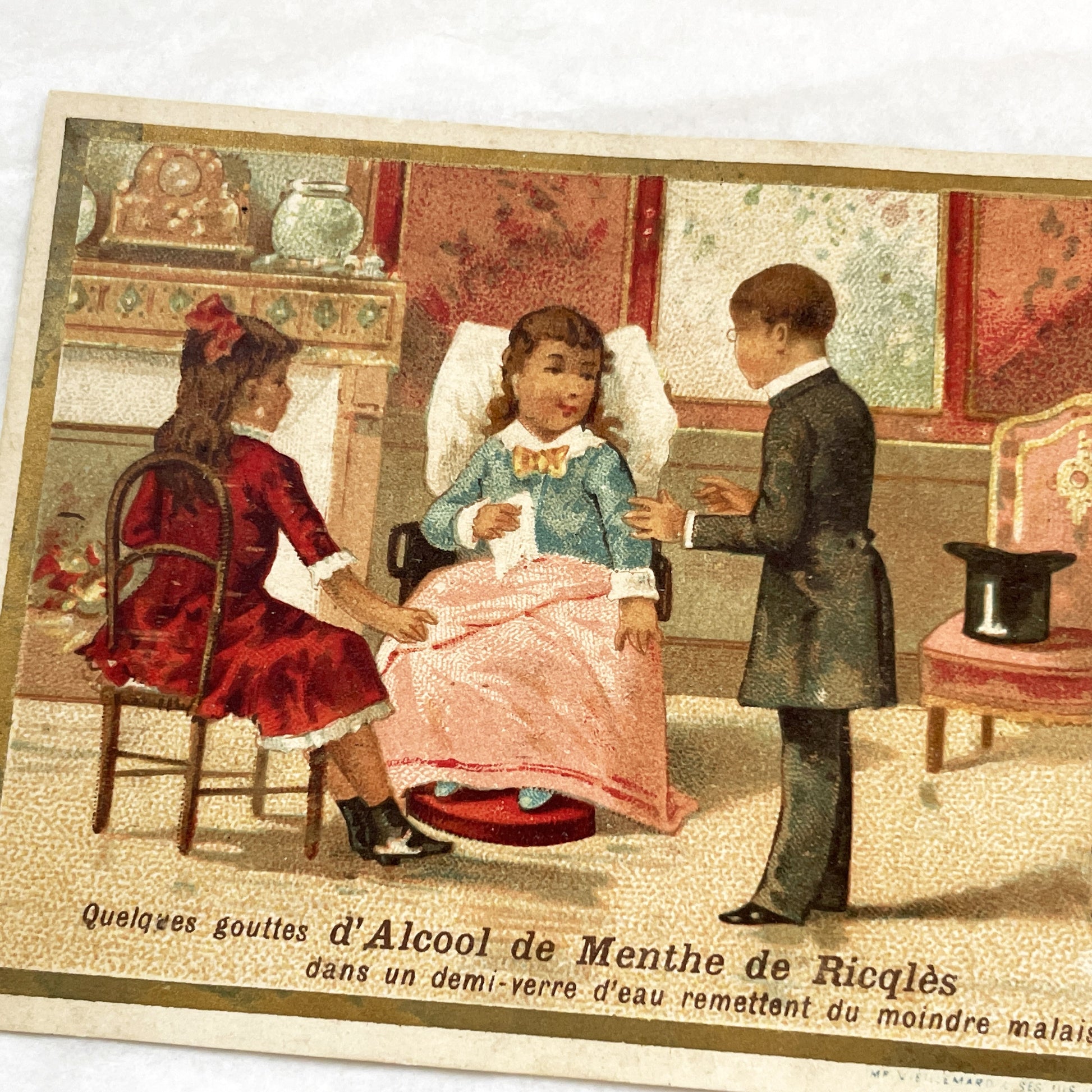 Late 19th - Vintage French Advertising Chromo Card - Ricqlès Peppermint Alcohol - Children Illness Relief - Antique Medical Remedy Ephemera