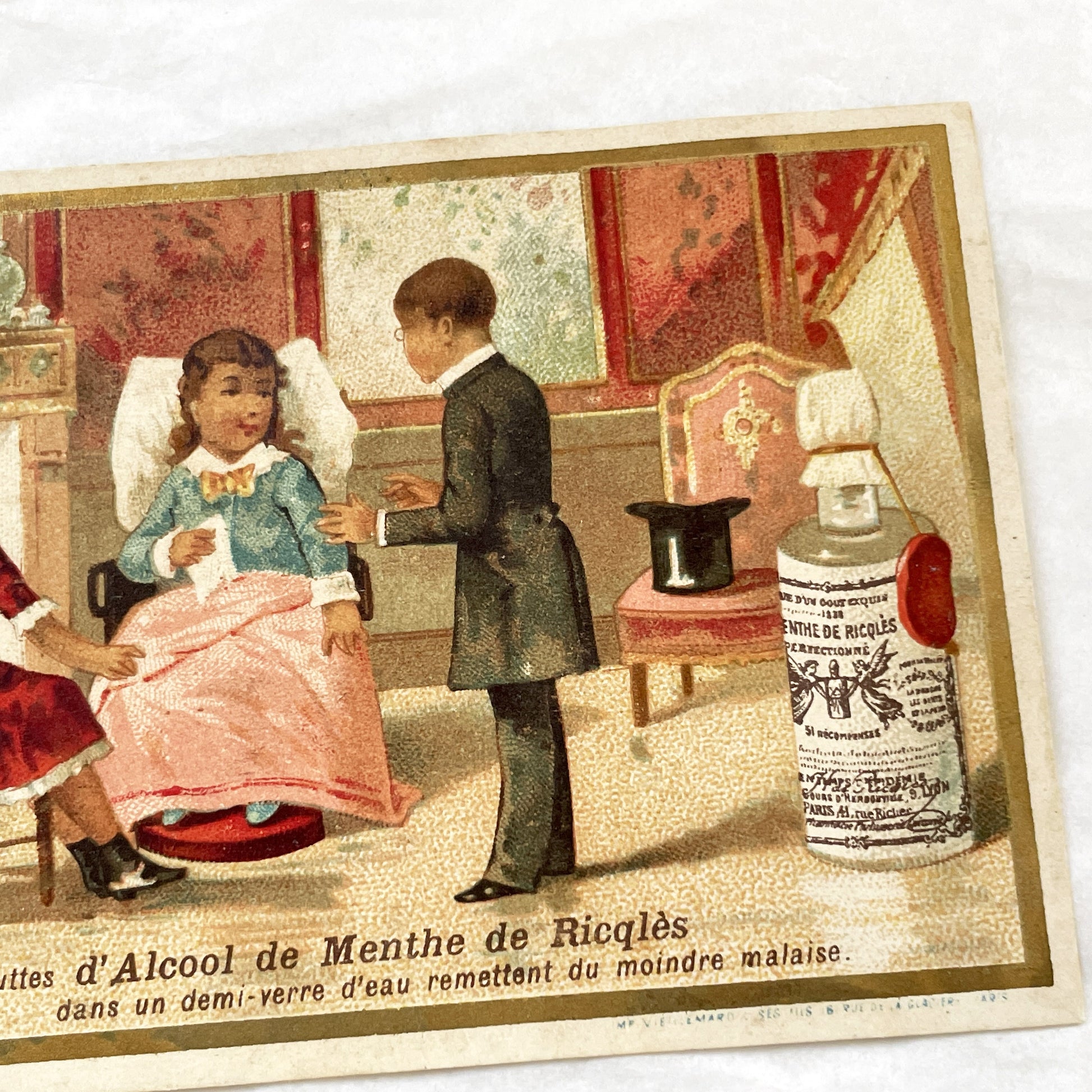 Late 19th - Vintage French Advertising Chromo Card - Ricqlès Peppermint Alcohol - Children Illness Relief - Antique Medical Remedy Ephemera