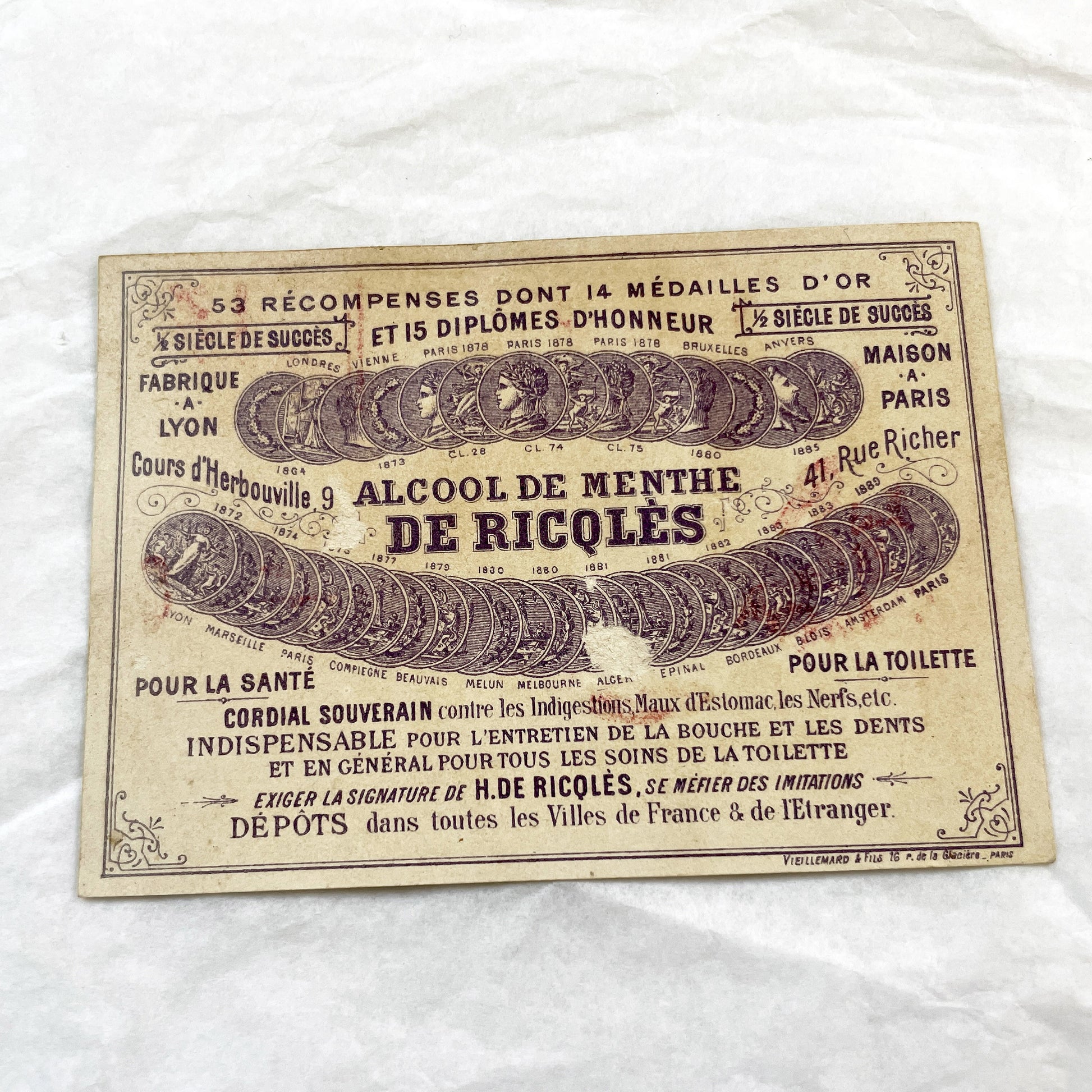 Late 19th - Vintage French Advertising Chromo Card - Ricqlès Peppermint Alcohol - Children Illness Relief - Antique Medical Remedy Ephemera