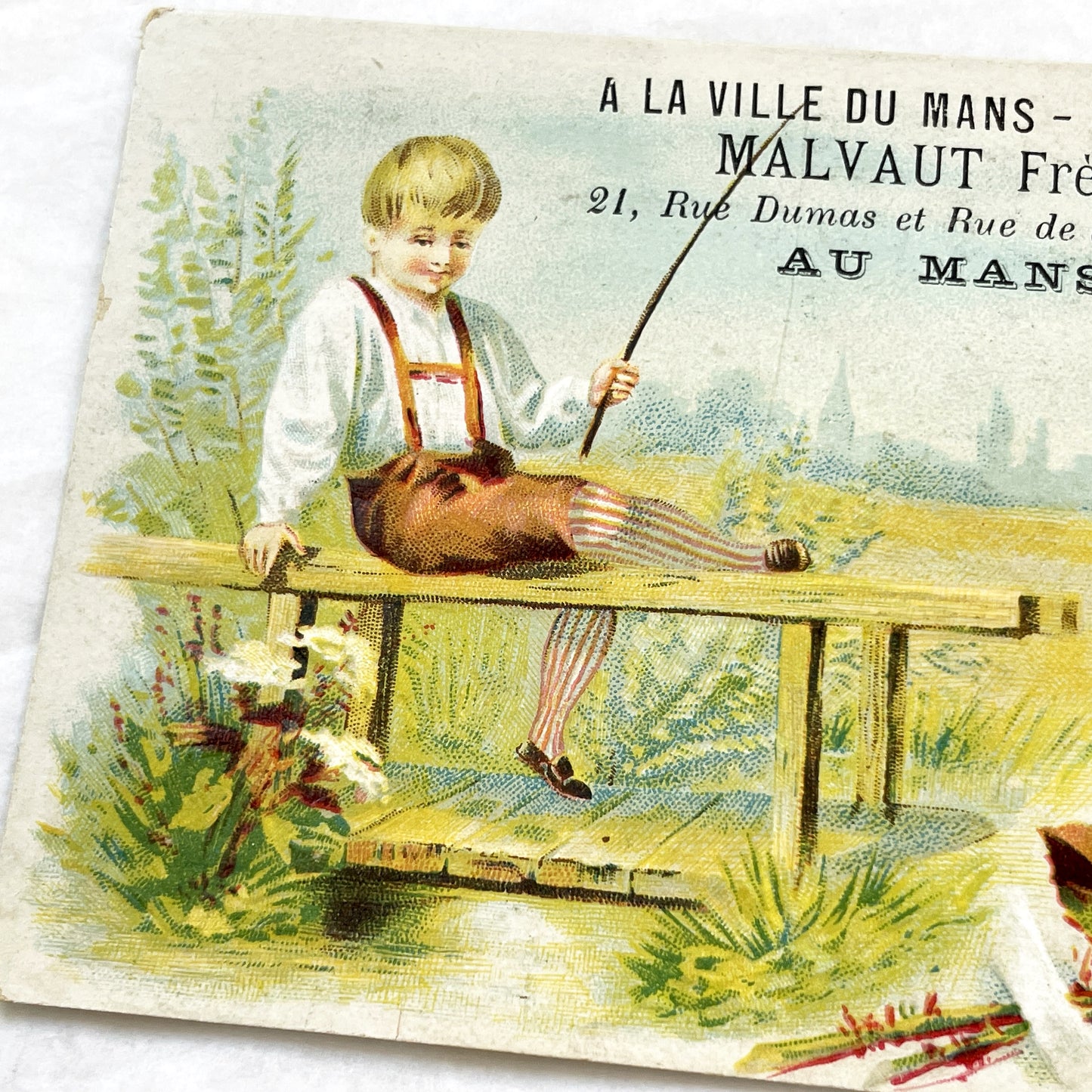 Late 19th - French Advertising Card - Malvaut Frères Le Mans Nouveautés - Charming Boy Fishing Chromo - Vintage Shop Ephemera Collectible