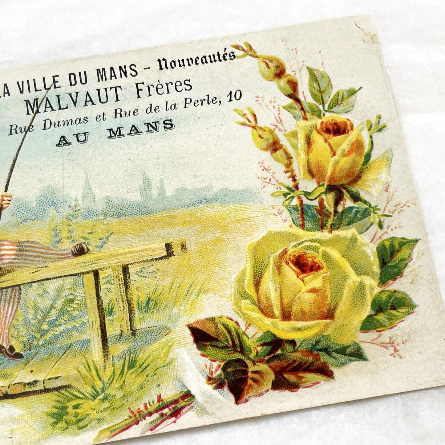 Late 19th - French Advertising Card - Malvaut Frères Le Mans Nouveautés - Charming Boy Fishing Chromo - Vintage Shop Ephemera Collectible