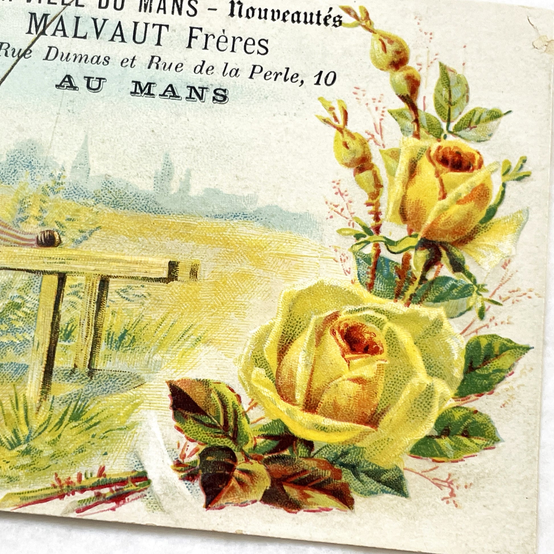 Late 19th - French Advertising Card - Malvaut Frères Le Mans Nouveautés - Charming Boy Fishing Chromo - Vintage Shop Ephemera Collectible