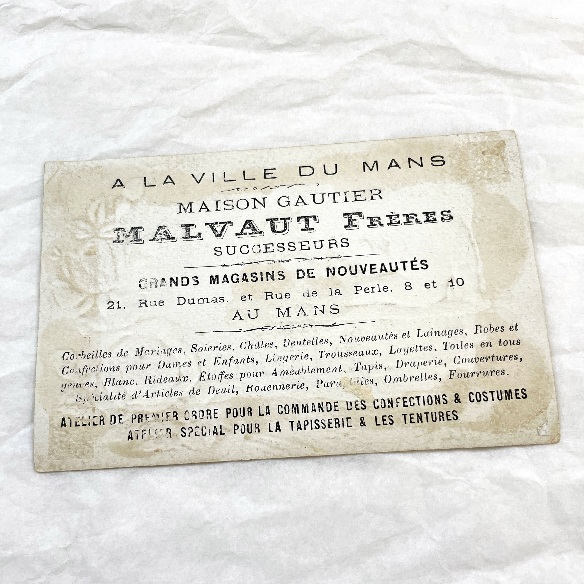 Late 19th - French Advertising Card - Malvaut Frères Le Mans Nouveautés - Charming Boy Fishing Chromo - Vintage Shop Ephemera Collectible