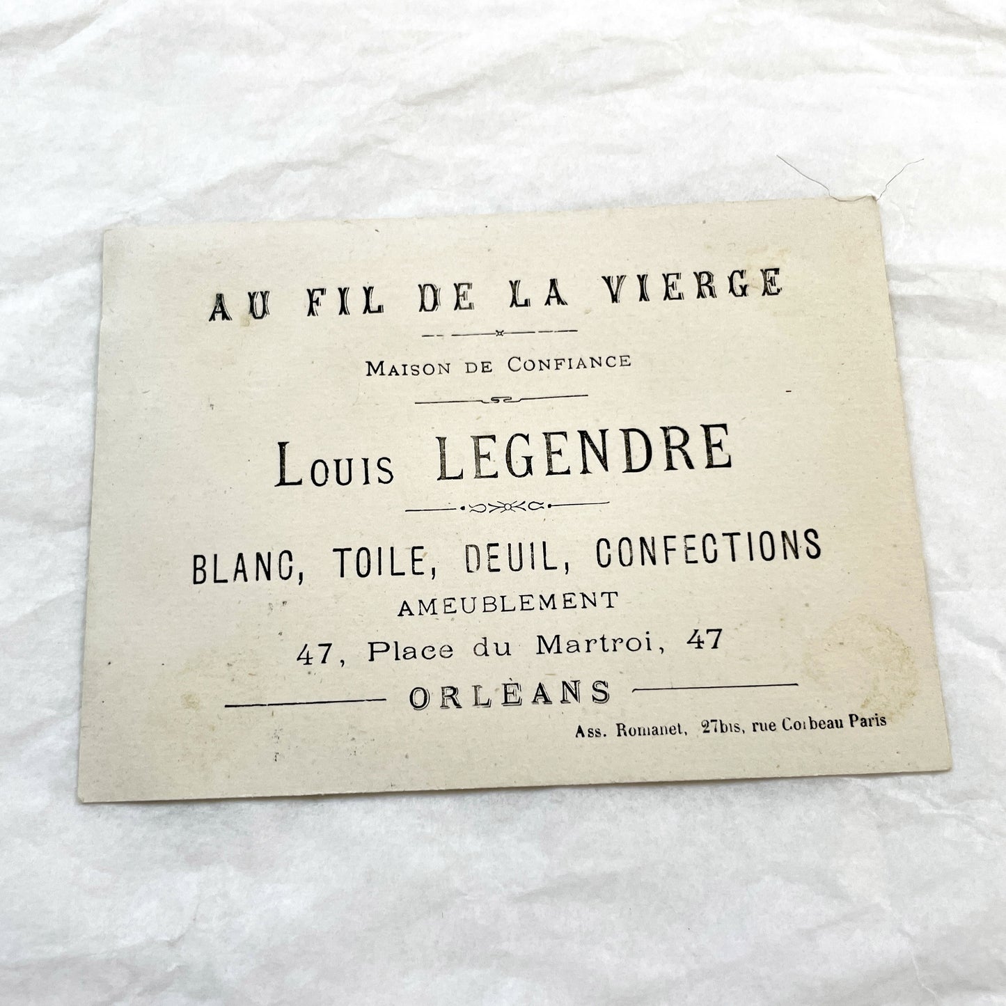 Late 19th - Three Antique French Trade Cards - Louis Legendre Orleans Advertising Chromolithograph Vignettes - Vintage Haberdashery Ephemera